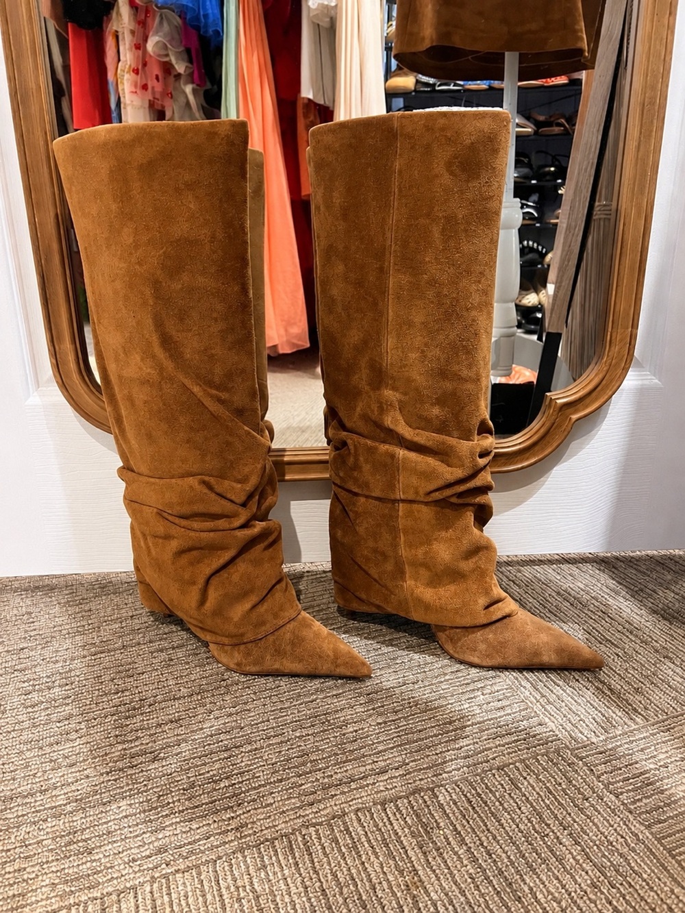 Knee-High Slouch Suede Pointed-Toe Boots - Brown